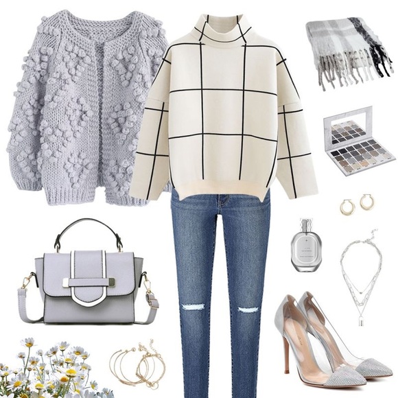 Chic Wish Drop Shoulder Wool Mock Neck Sweater Grid Turtleneck Windowpane - Picture 13 of 15